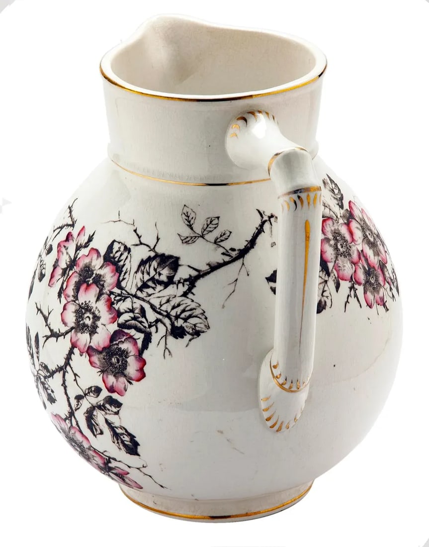 Antique Ironstone Pitcher With Pink Roses on Brown Branches - 4