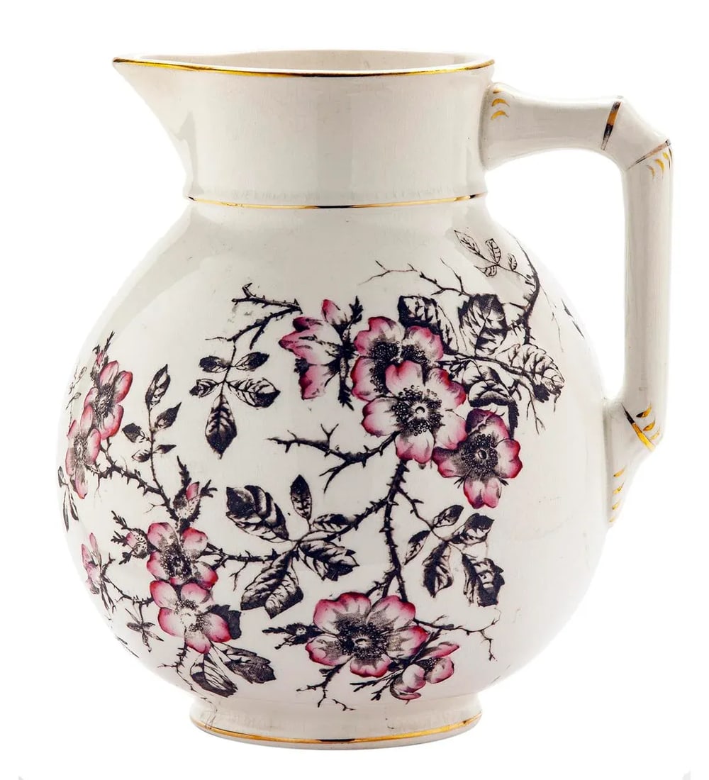 Antique Ironstone Pitcher With Pink Roses on Brown Branches - 5