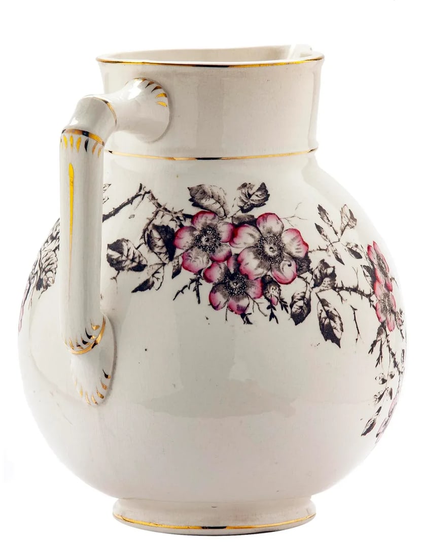 Antique Ironstone Pitcher With Pink Roses on Brown Branches - 6