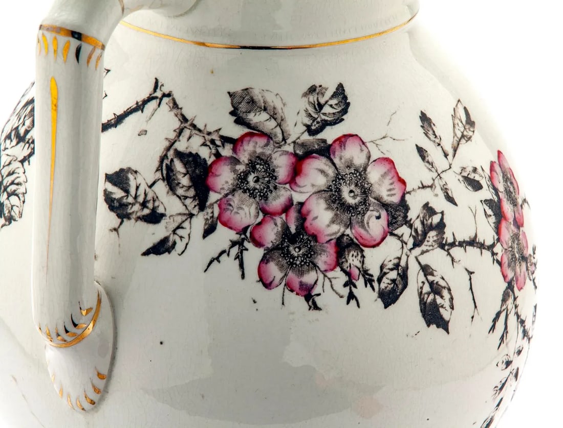 Antique Ironstone Pitcher With Pink Roses on Brown Branches - 7