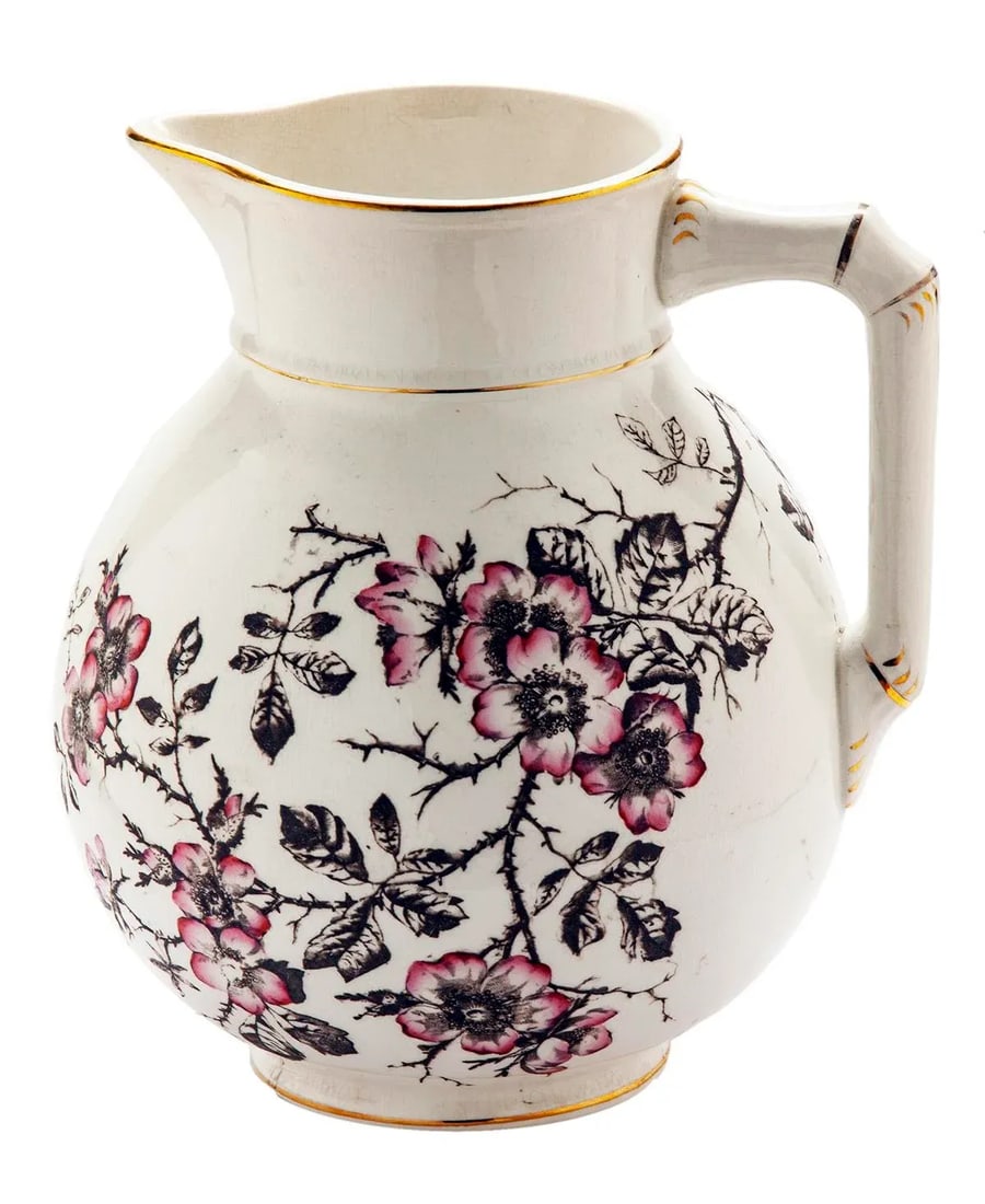 Antique Ironstone Pitcher With Pink Roses on Brown Branches - 9