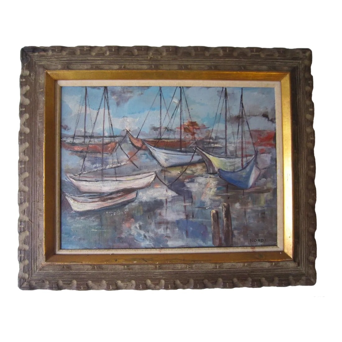 Mid Century Painting Boats, Signed Nordi: Large, Mid Century painting of a Harbor View, Coral Gables, Miami. Oil on canvas of boats in a Harbor. Painted sometime in the 60's and signed "Nordi" on the lower right hand corner. Framed in a