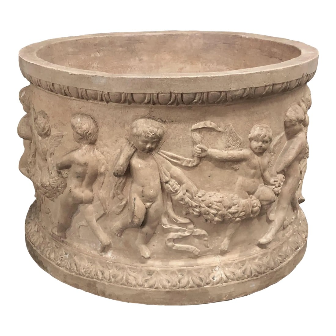 Antique Planter With Cherubs by Italian Terra Cotta Company: Large clay planter is decorated in high relief with dancing cherubs and putti in the Neo Classical style. Italian Terra Cotta company operated in Los Angeles in the 1920's and 1930's and made a wide