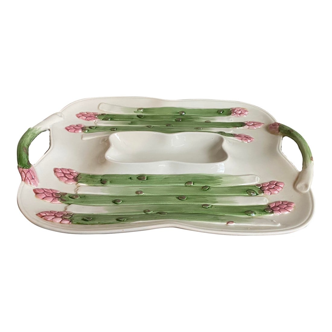 Vintage Fitz and Floyd Majolica Asparagus Tray With Dip Centerpiece: Asparagus and majolica: who could ask for a better combination? Then add dip and you are off to the races. Polish with handles to make easy to serve. Finish with a vintage Fitz Floyd piece and it's a