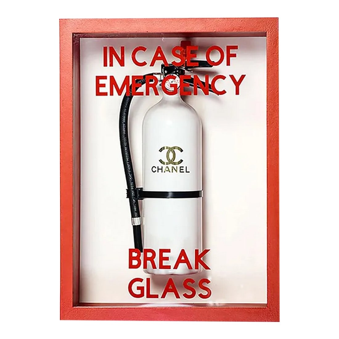 In Case of Emergency Break Glass Chanel Midi Edition Fire Extinguisher by Plastic Jesus: Plastic Jesus is a Los Angeles based street artist that specializes in bold stencil and installation work, inspired by world news events, society, the urban environment, culture and politics. His