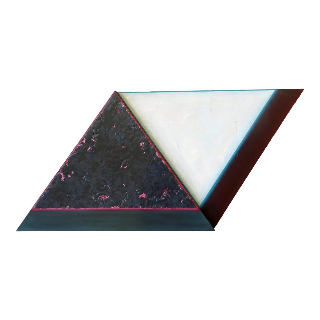 1980s Tom Bolles Abstract Mixed Media Painting, "Triangles #3 & #4 Attempting to Mate": Artist: Tom Bolles (1953- ) Title: Triangles #3 & #4 Attempting to Mate Date: 1987 Medium: Acrylic and sand on shaped canvas Size: 21 x 44.25 inches Signature: signed, titled, dated on reverse This wo