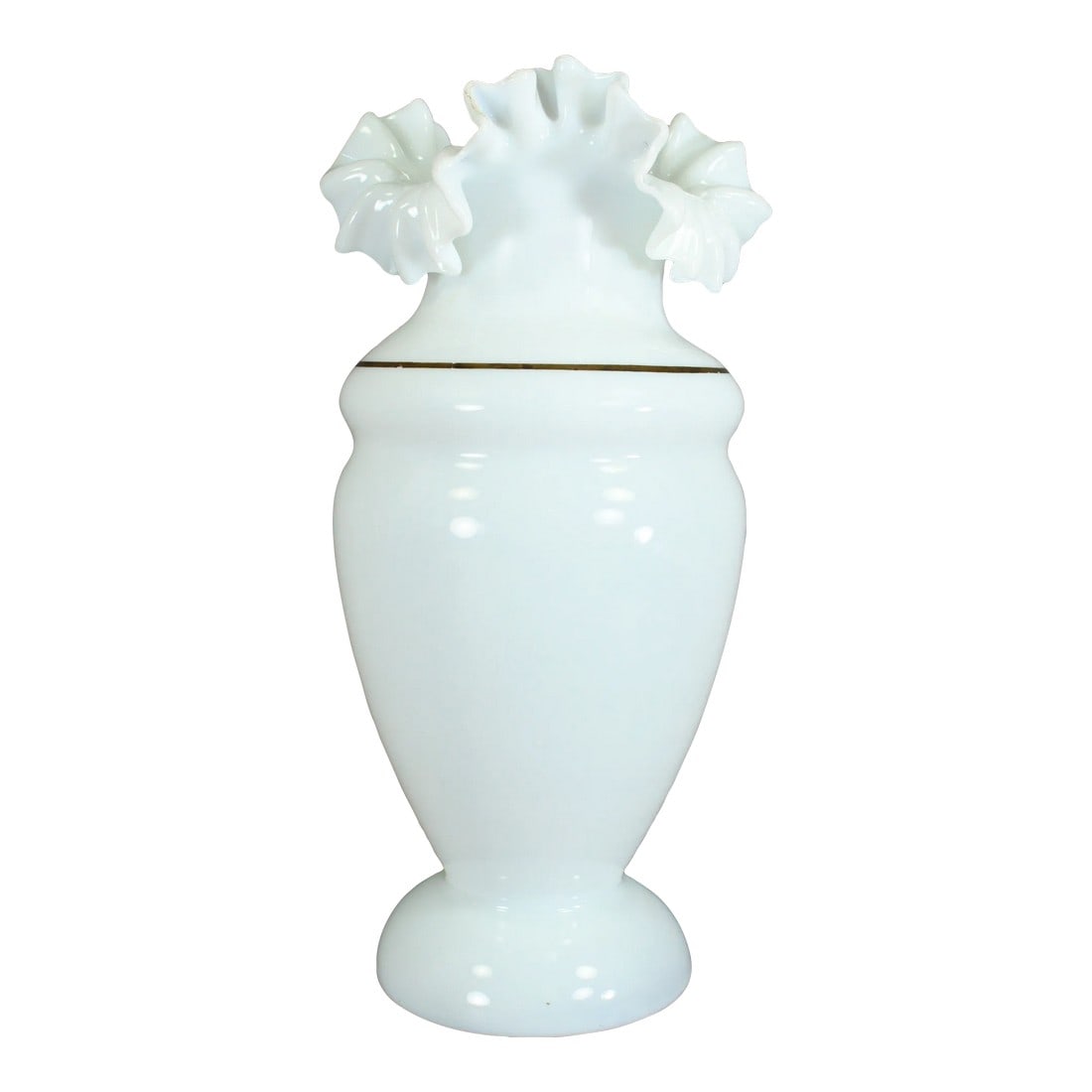 Victorian 19th/20th Century Bristol Glass Vase Opaque White With Ruffled Top: A large antique Bristol glass vase All hand blown with opaque milky white color Characteristic baluster form Beautiful ruffled top rim Hand painted gilt ribbon Concave base with rough pontil All