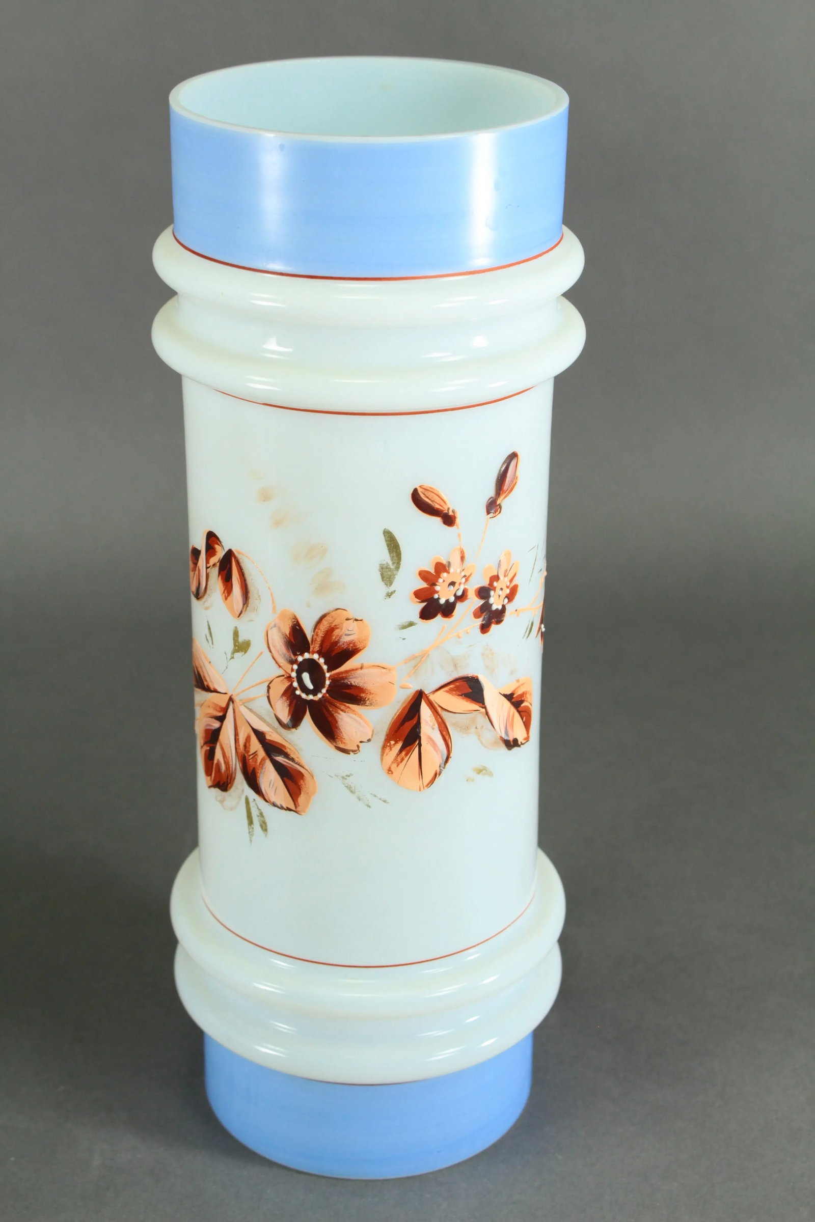 Pair of Victorian 19th/20th Century Bristol Glass Vases, Opaque White Painted Flowers - 10
