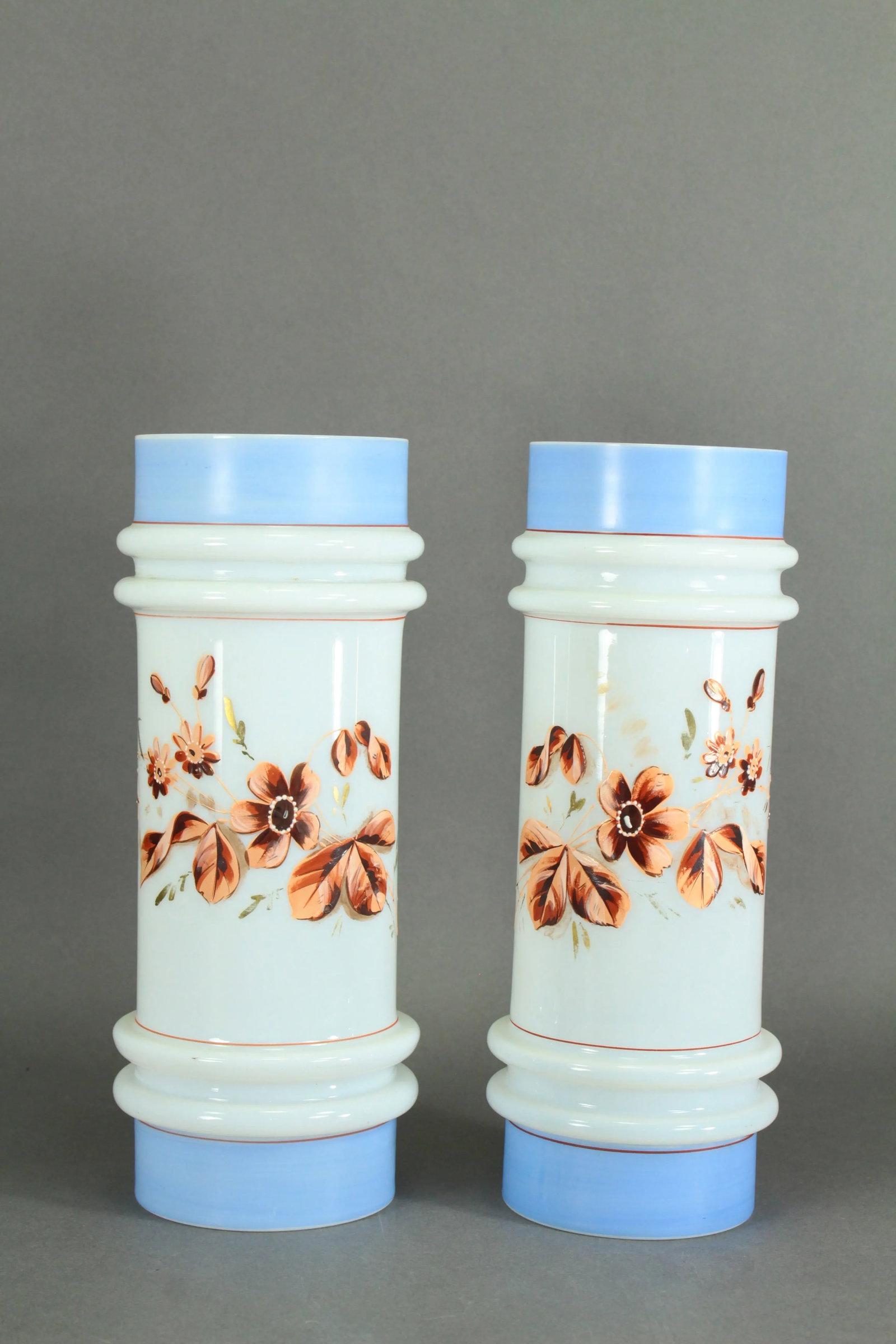 Pair of Victorian 19th/20th Century Bristol Glass Vases, Opaque White Painted Flowers - 13