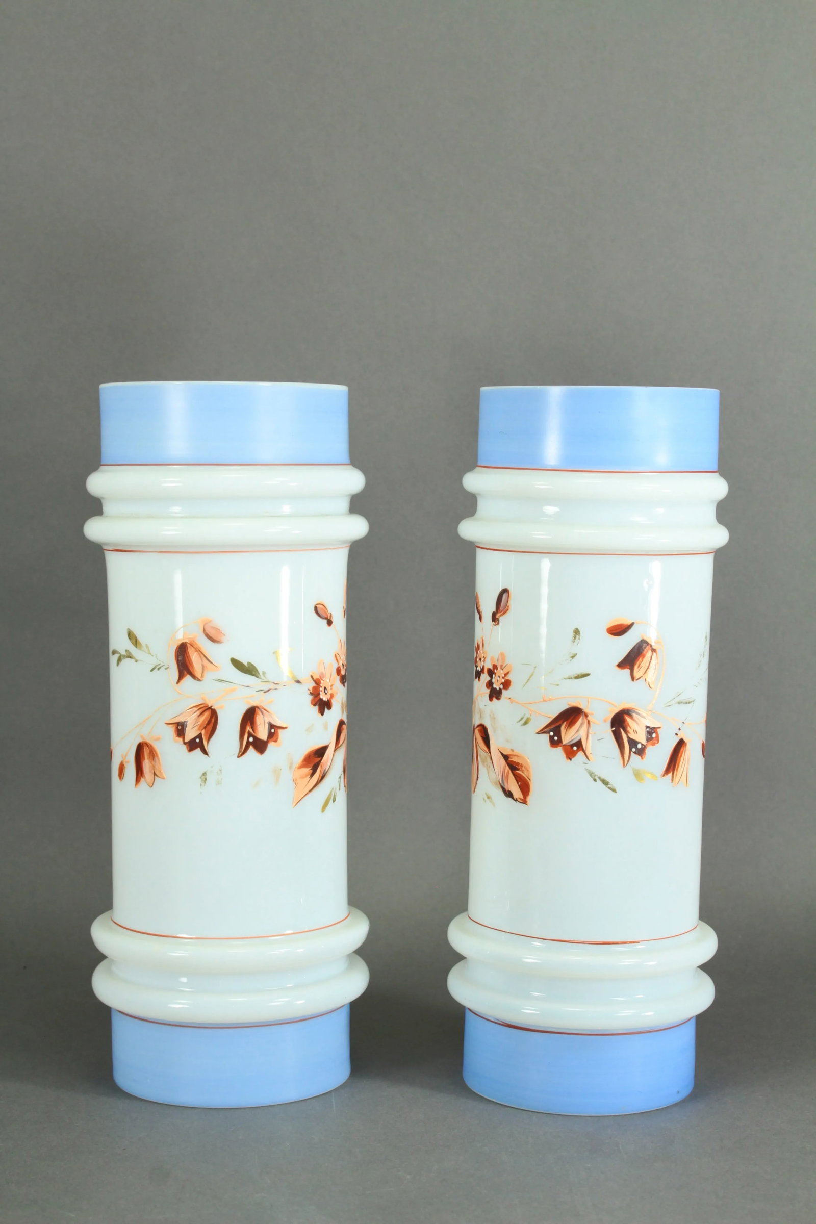 Pair of Victorian 19th/20th Century Bristol Glass Vases, Opaque White Painted Flowers - 2