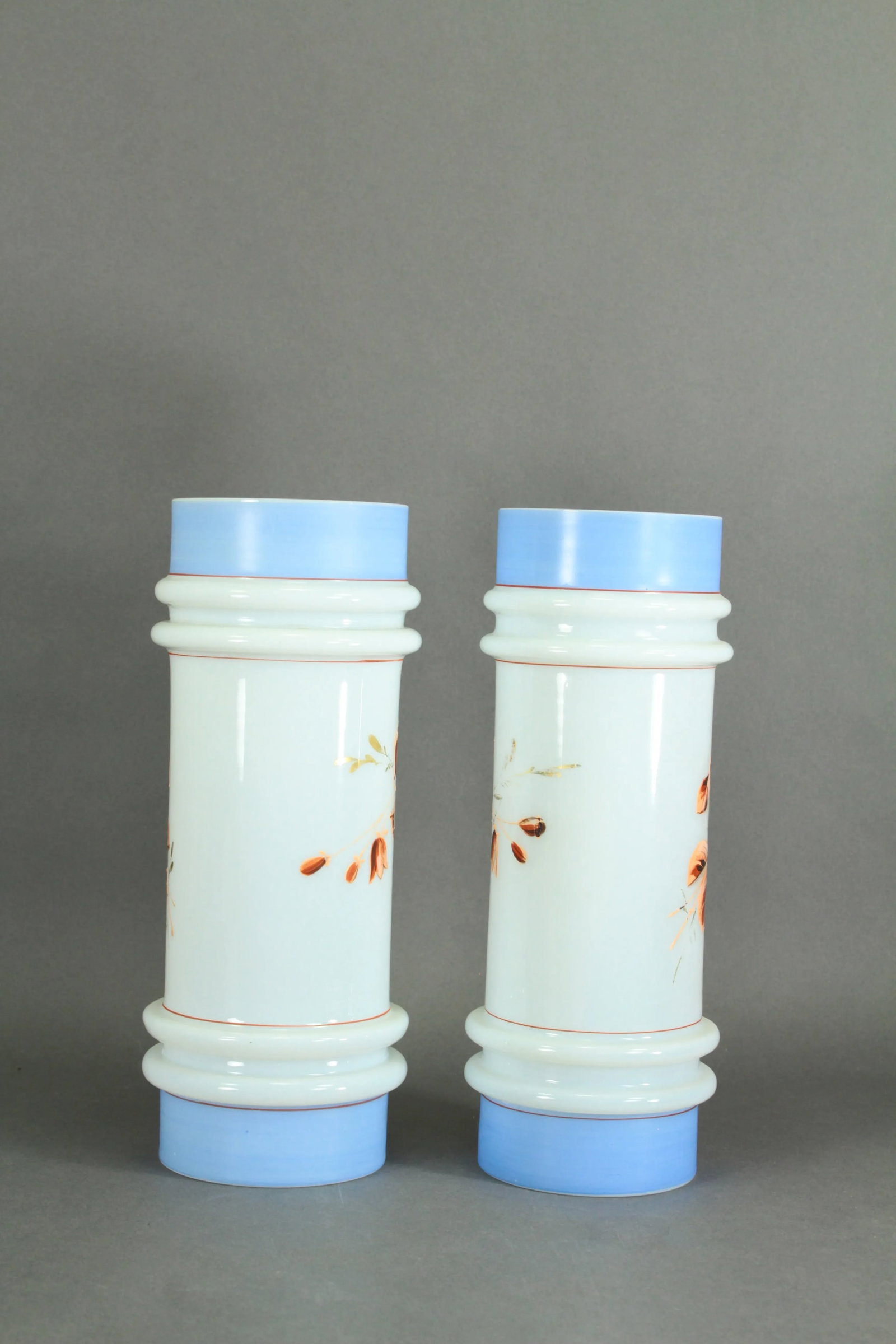 Pair of Victorian 19th/20th Century Bristol Glass Vases, Opaque White Painted Flowers - 3
