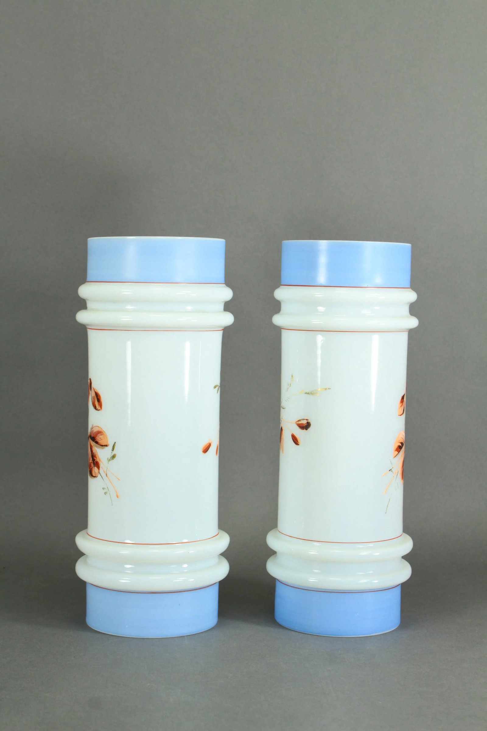 Pair of Victorian 19th/20th Century Bristol Glass Vases, Opaque White Painted Flowers - 4