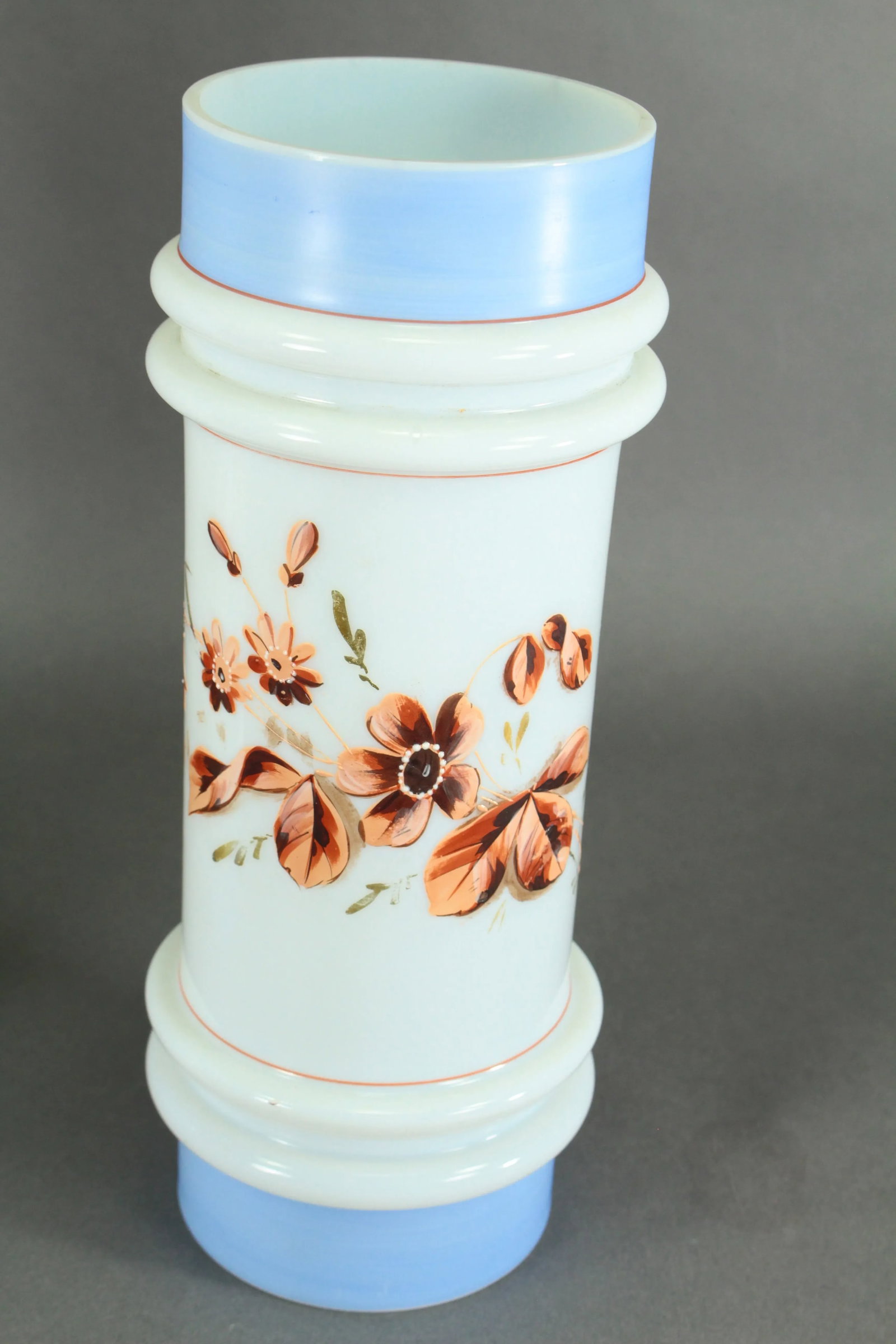 Pair of Victorian 19th/20th Century Bristol Glass Vases, Opaque White Painted Flowers - 7