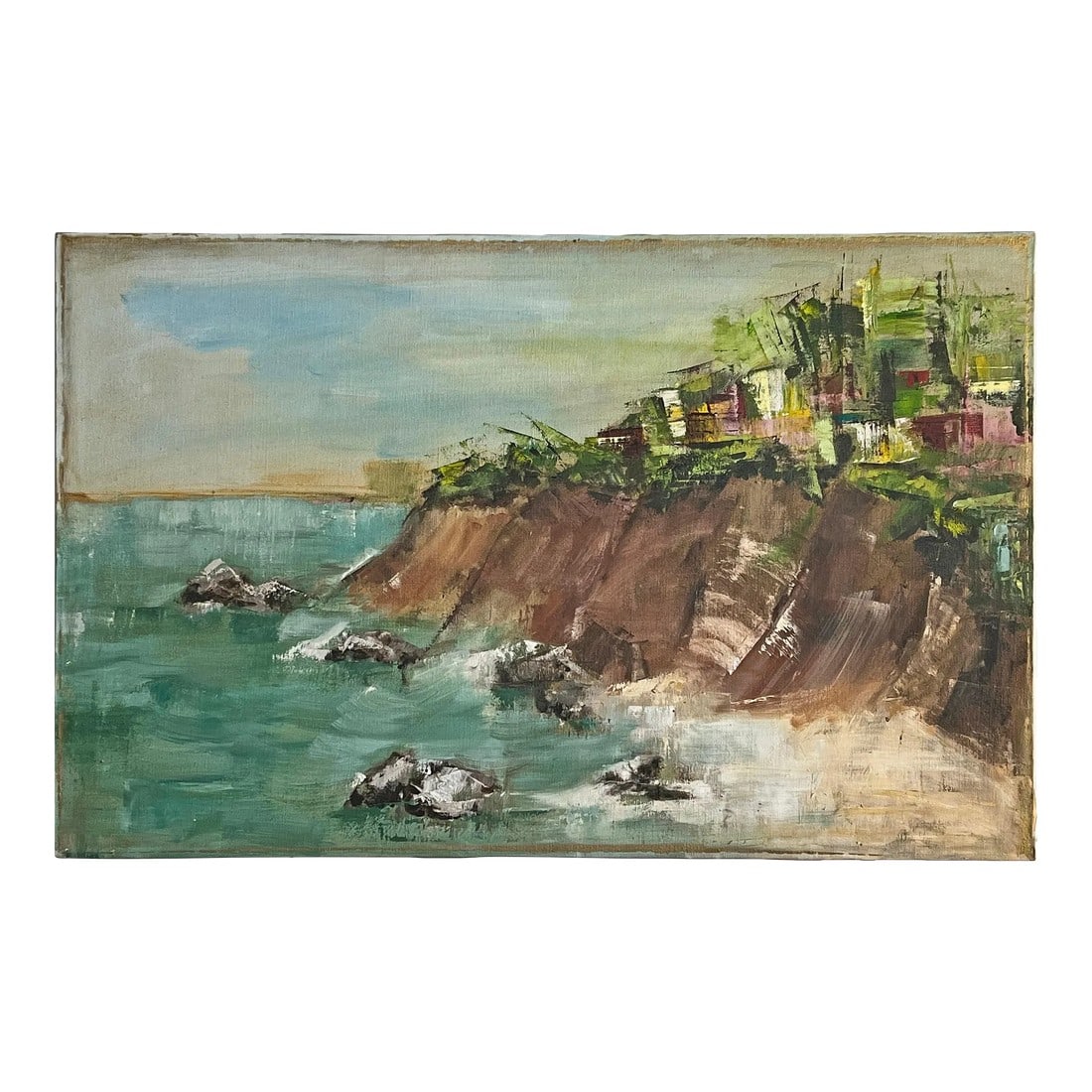 Abstract "Seaside Cliffs" California Oil on Canvas by Artist M. Wilson: This oil-on-canvas painting depicts an abstract oceanside cliff topped with houses. The colors give a soft sense of majesty to the painting. The canvas is signed "M. Wilson" in the lower left-hand