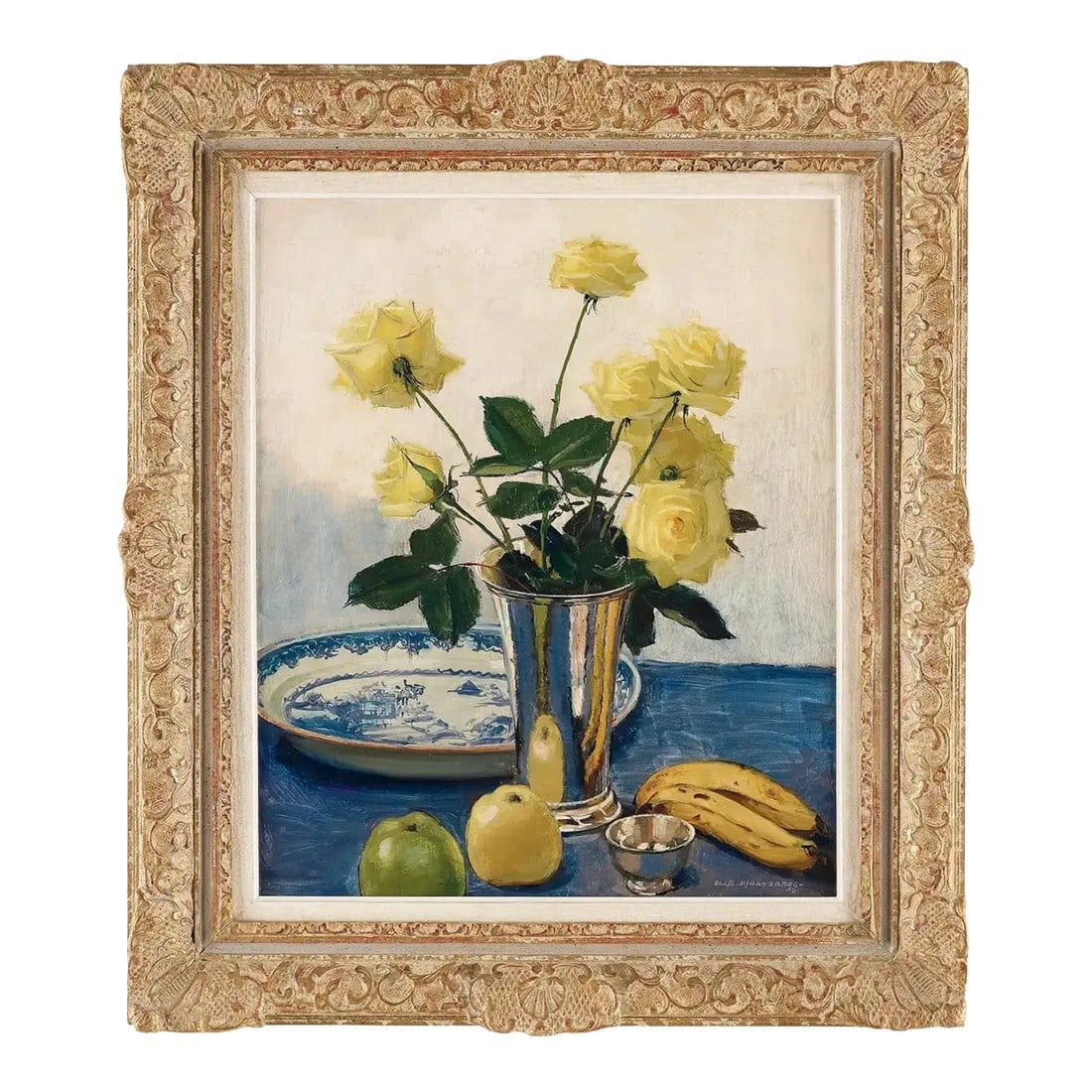 Olle Hjortzberg Still Life With Yellow Roses, 1946: Olle Hjortzberg (Swedish, 1872-1959) Stilleben met gula rosor (Still life with yellow roses), 1946 Oil on Masonite Sight: 25-1/2 x 21-1/4 inches (64.8 x 54.0 cm) Framed: 35 X 30.25 X 2.5 Inches