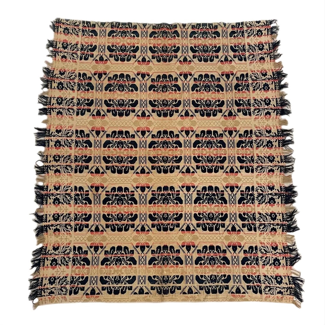 Antique Mid 19th Century Reversible Coverlet: This beautiful coverlet measures W:56" H:69". There are some stains (see photos) some missing fringe. Cleaning is up to buyer. Displays beautifully. Condition: Alterations: Original Condition Unaltere