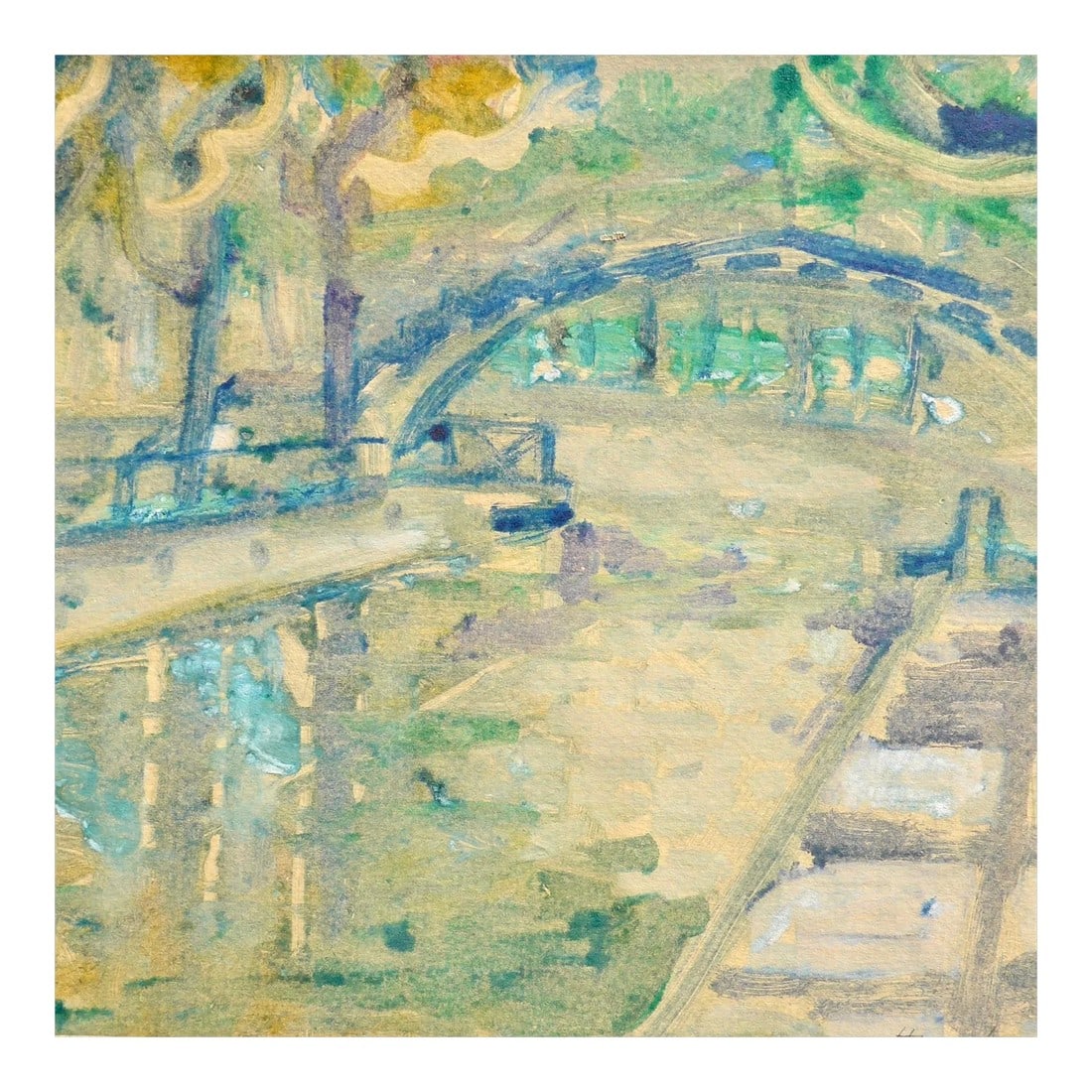 Canal St. Martin Contemporary Monotype by Humbert Curcuru: Original contemporary mono print on paper by the artist Humbert Curcuru. Painted from a view of the Canal St. Martin in Paris, France. This mono print will fit a standard size frame, it is printed on