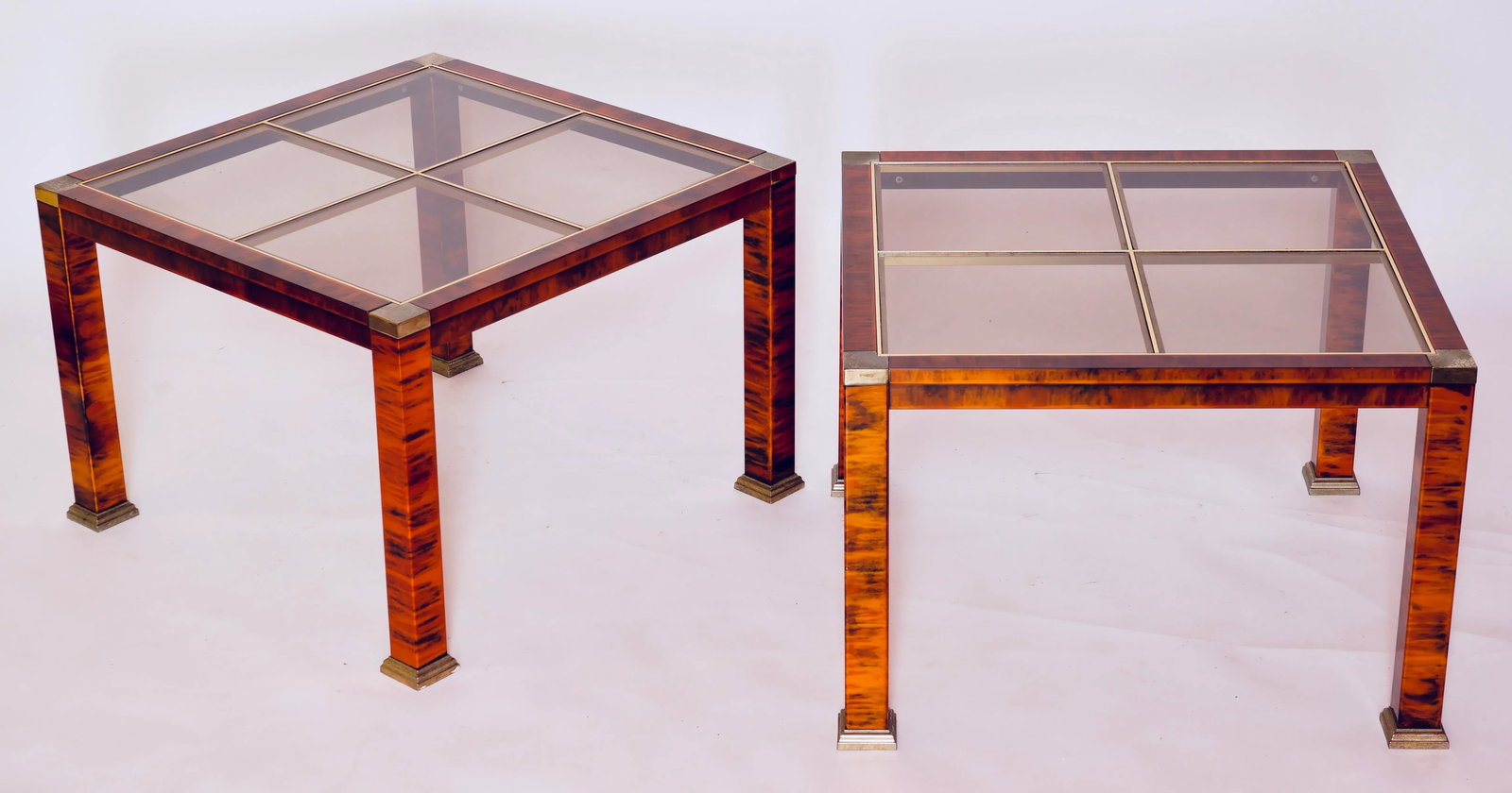 1970s Mid-Century Modern Faux Burl Wood and Glass Coffee Tables Set of 2 - 11