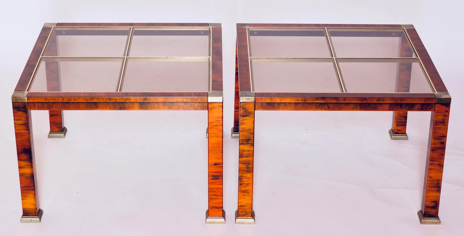 1970s Mid-Century Modern Faux Burl Wood and Glass Coffee Tables Set of 2 - 2