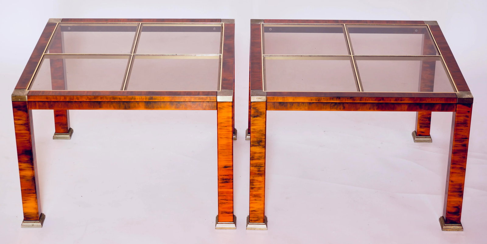 1970s Mid-Century Modern Faux Burl Wood and Glass Coffee Tables Set of 2 - 4