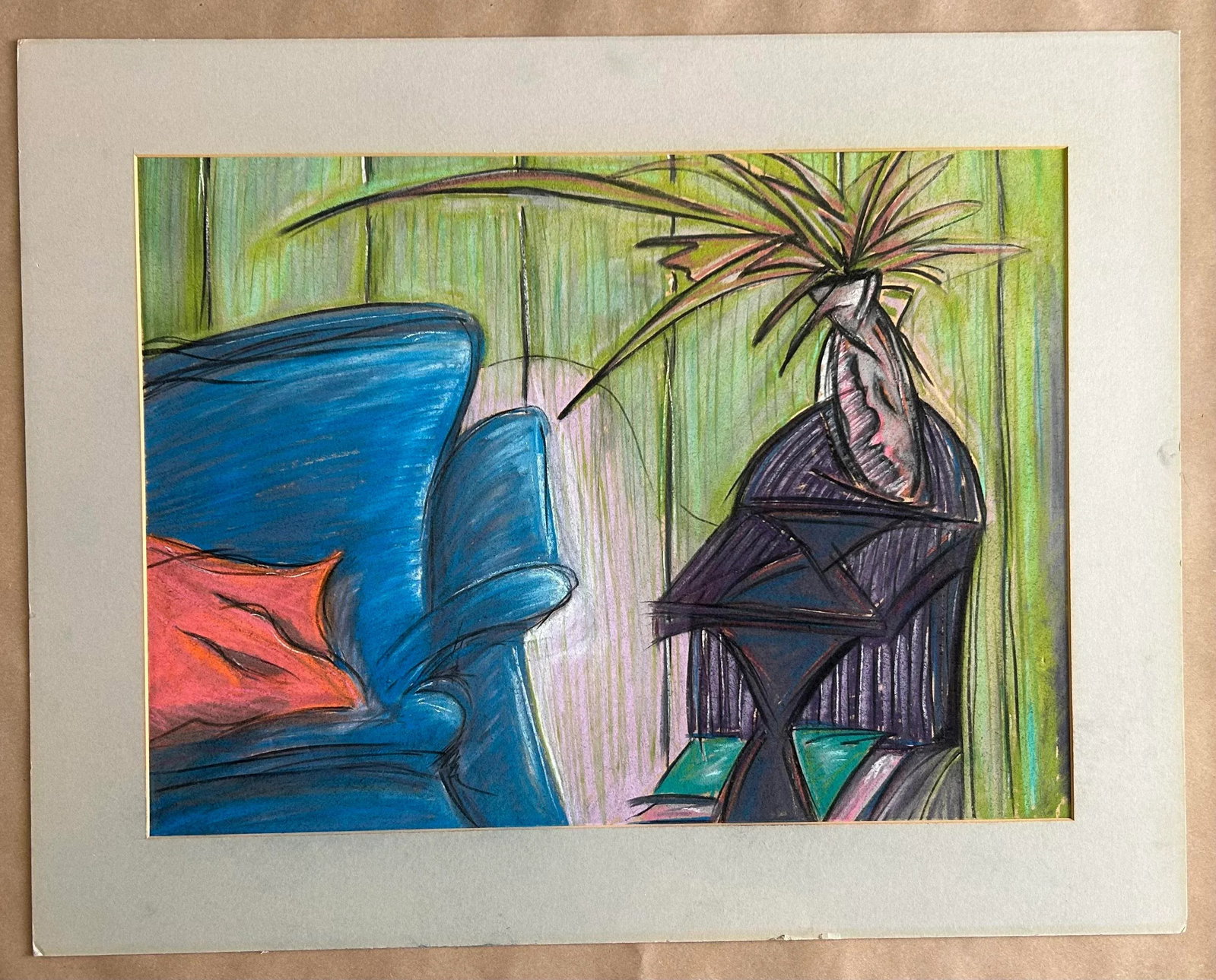 Modern Pastel Drawing of Interior Scene in Primary Colors, 1980s - 2