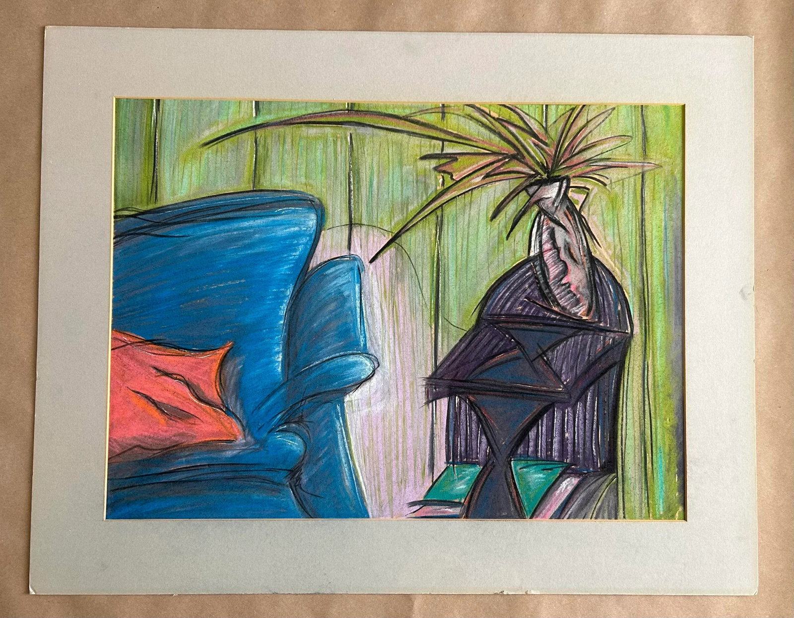 Modern Pastel Drawing of Interior Scene in Primary Colors, 1980s - 7