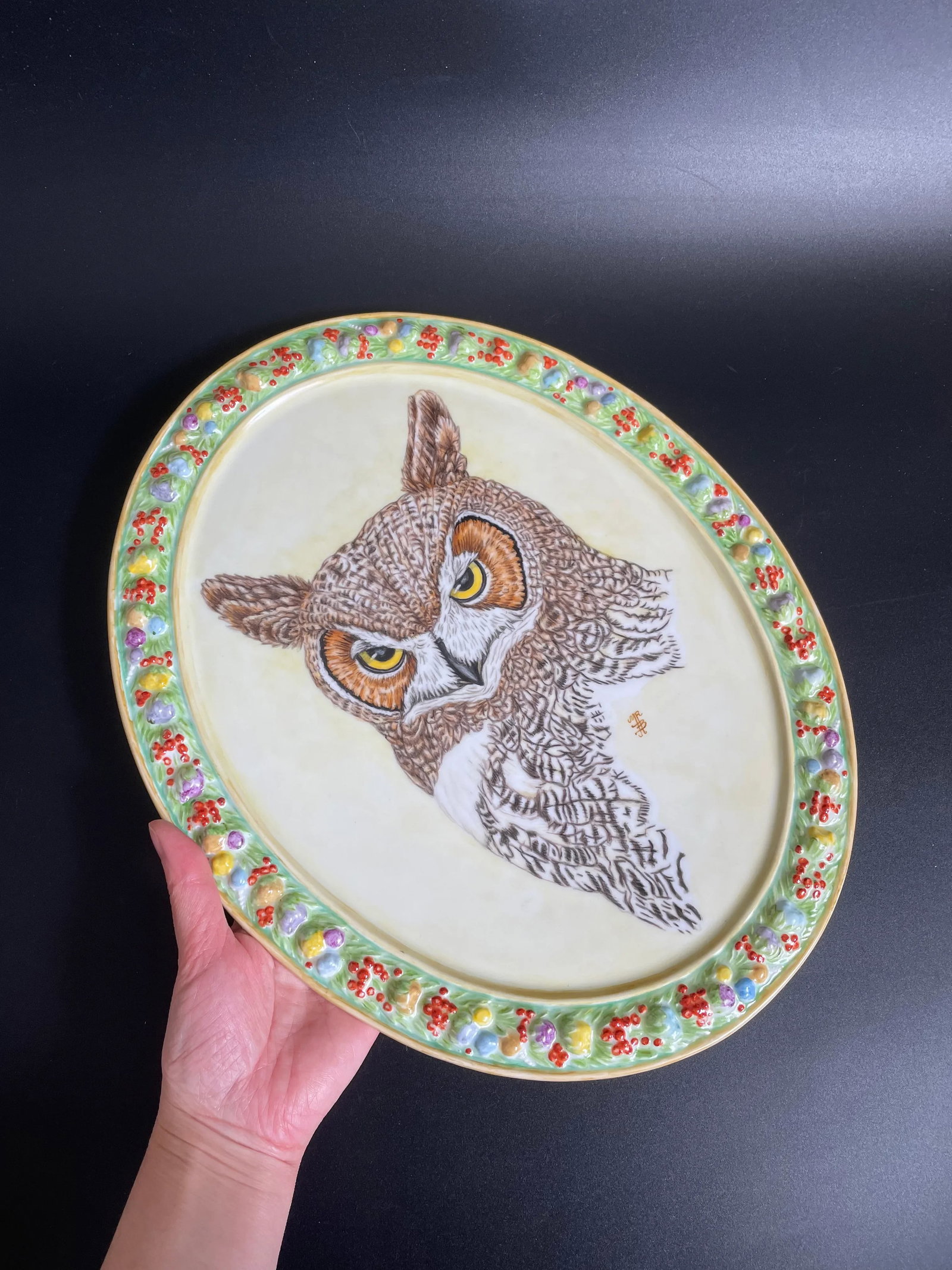 Large Hand Painted Great Horned Owl Portrait Oval Porcelain Wall Plaque - 11