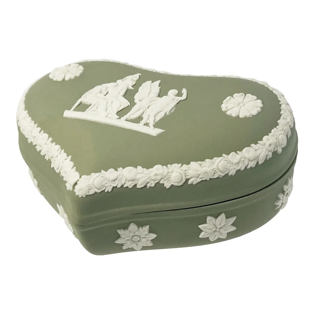 Wedgwood Vintage 1967 Jasperware Sage Green and Cream White Heart Shaped Trinket Box: Beautiful Vintage 1967 Wedgwood Jasperware Sage Green and Cream heart shaped trinket/jewelry box with lid. This box is created in the iconic neo-classical style that Jasperware is known for,