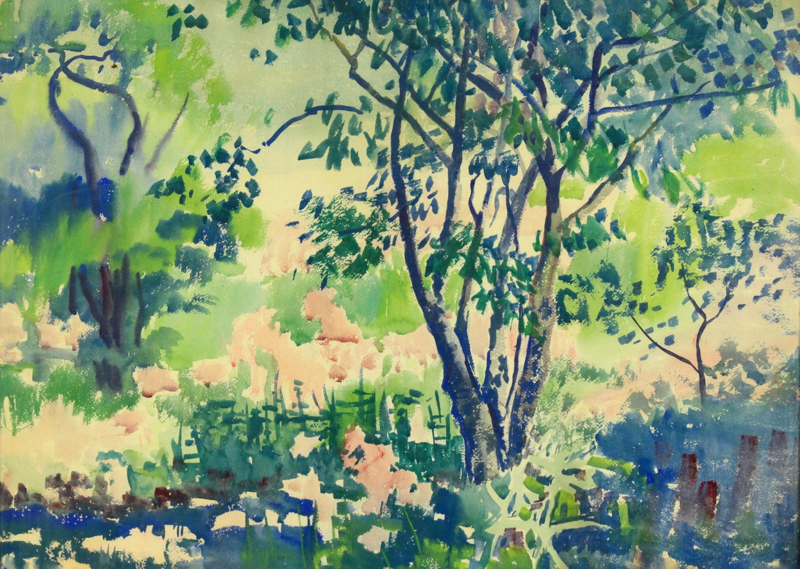 Vintage Marjorie Very American Watercolor Pointillist Painting of a Wooded New England Landscape - 2