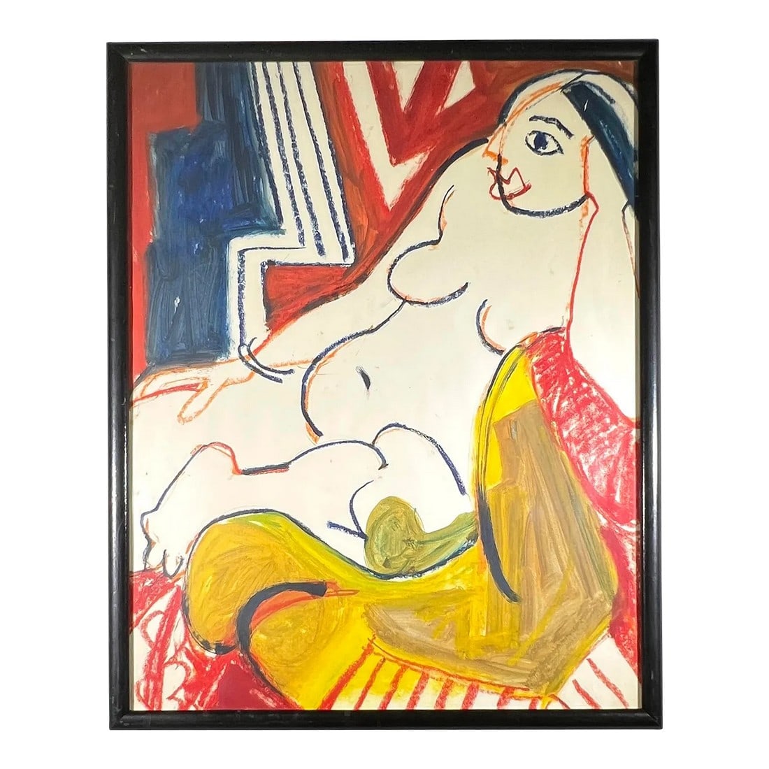 Nude Female Cubist-Style Portrait Painting, Late-20th Century: Nude female Cubist-style portrait painting, late-20th century. Colorful and playful, quick lines and gestures. "• Title: Unknown (I like to call her "Woman on Chair") "• Artist: Unsigned