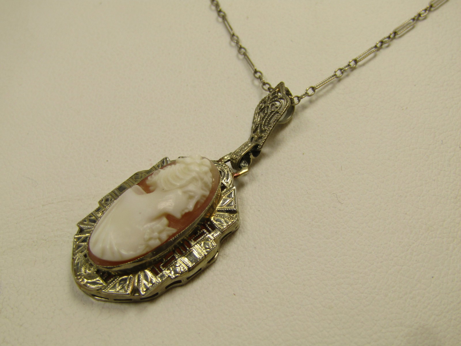 Antique 14kt Cameo Necklace, 15.5", White Gold, Very Early 1900's - 3