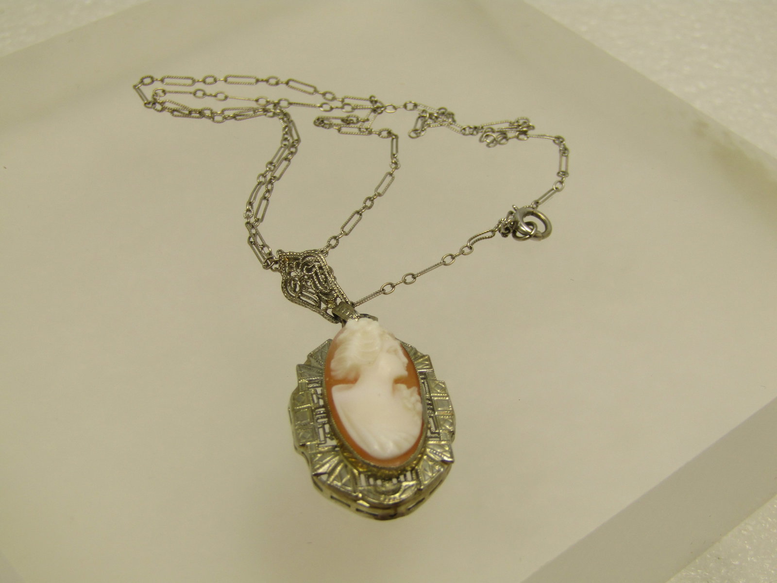 Antique 14kt Cameo Necklace, 15.5", White Gold, Very Early 1900's - 8