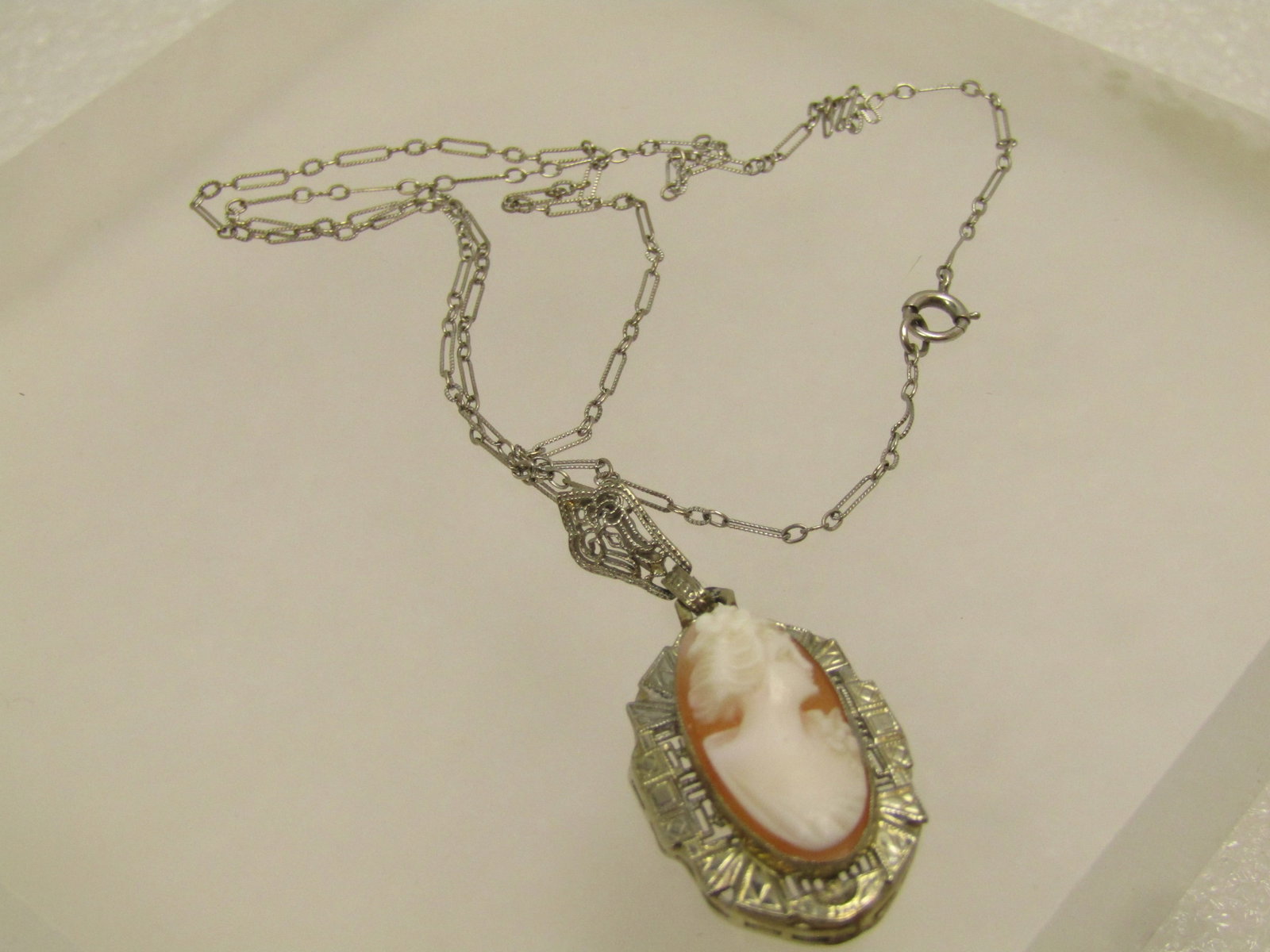 Antique 14kt Cameo Necklace, 15.5", White Gold, Very Early 1900's - 9