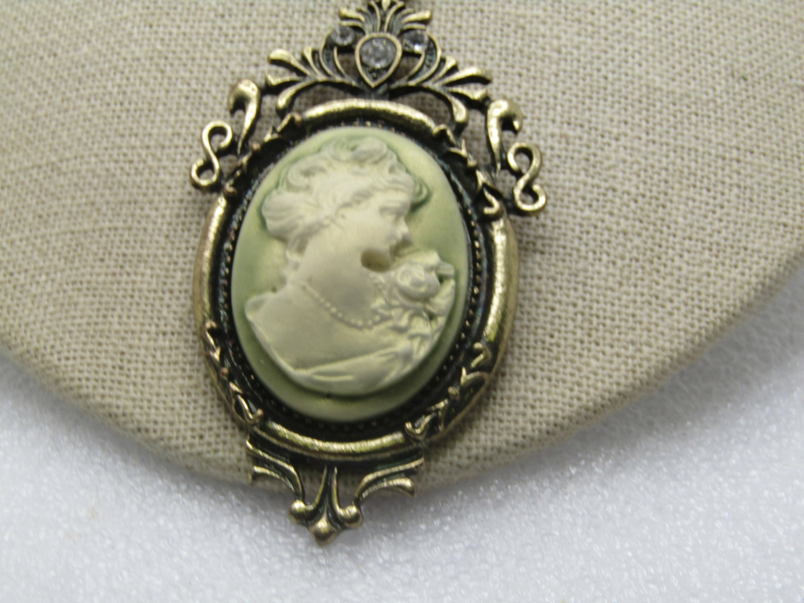 Vintage Green/White Cameo Necklace, 26", 1980's-1990's - 2