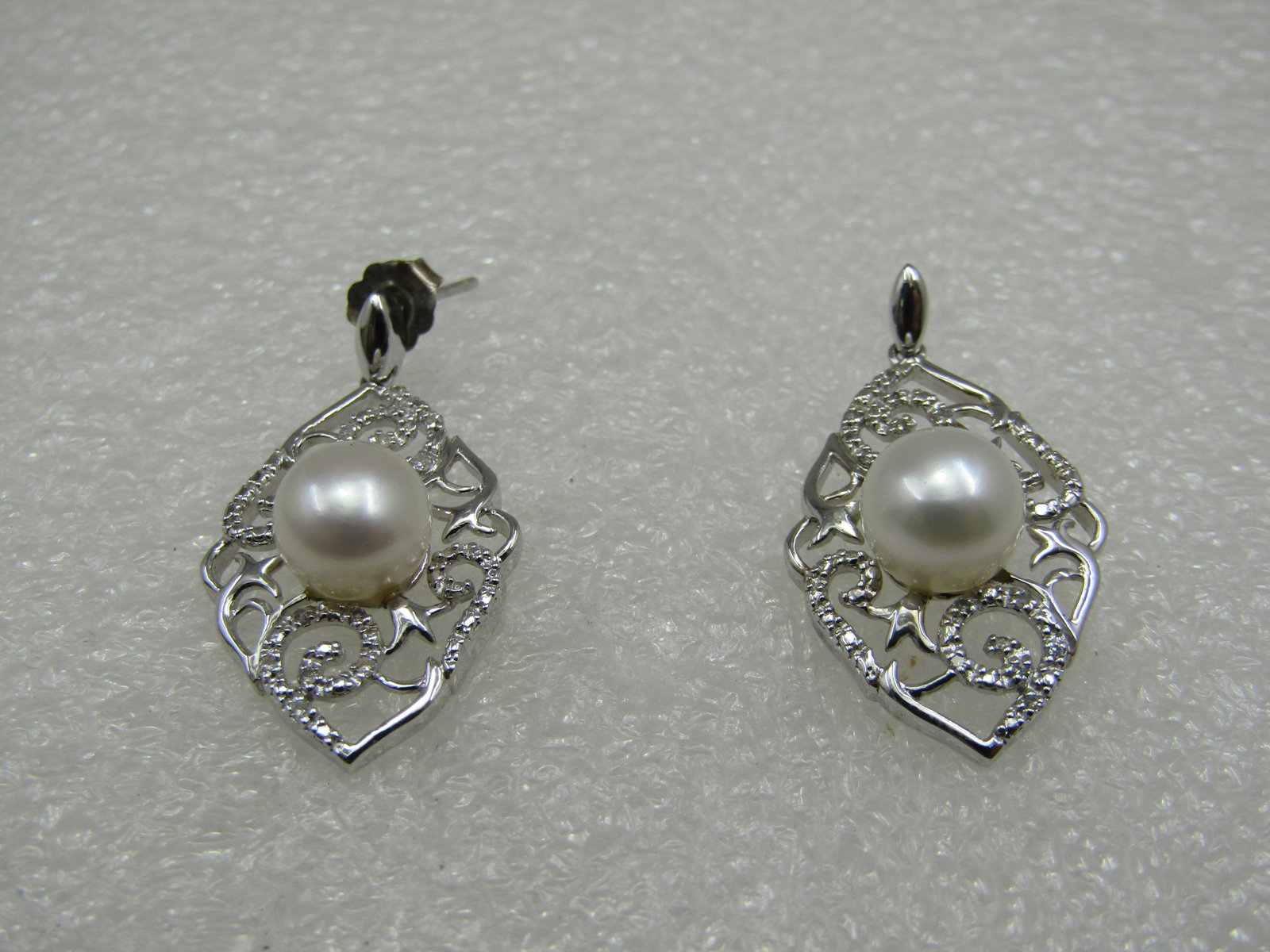 Sterling Pearl & Diamond Filigree Drop Earrings, Pierced. 8mm, .10 ctw - 3