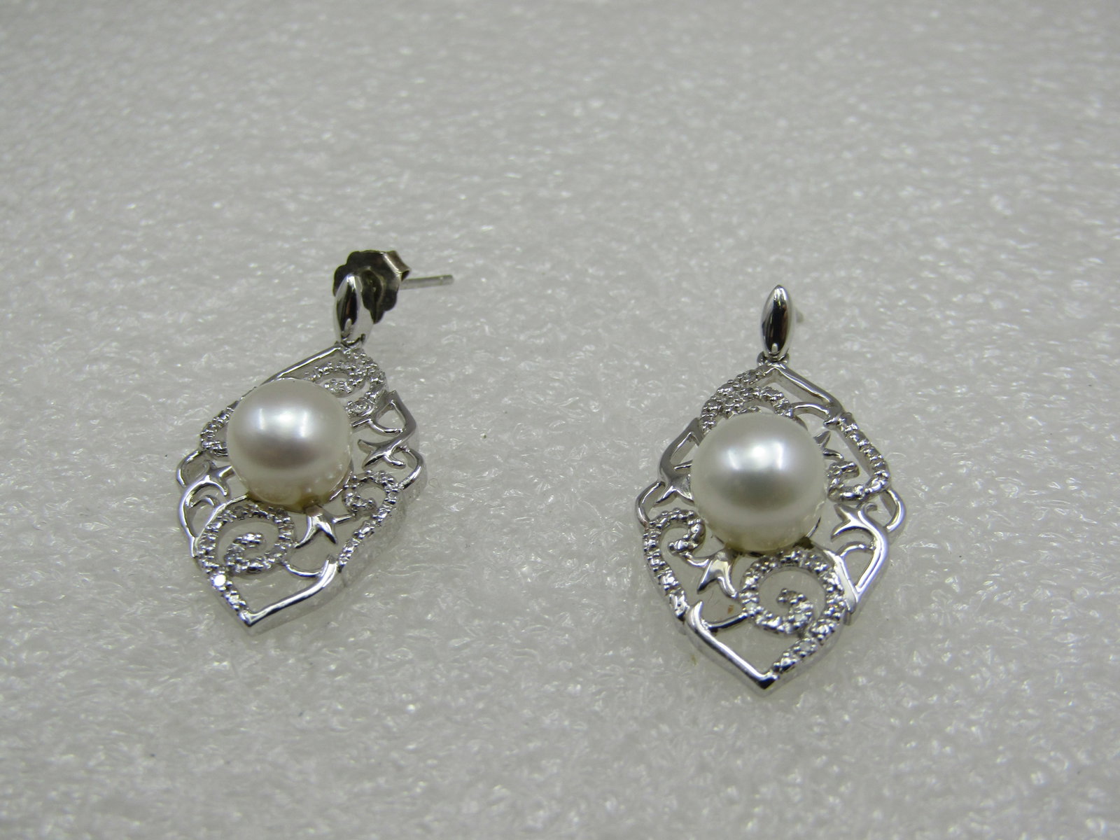 Sterling Pearl & Diamond Filigree Drop Earrings, Pierced. 8mm, .10 ctw - 4