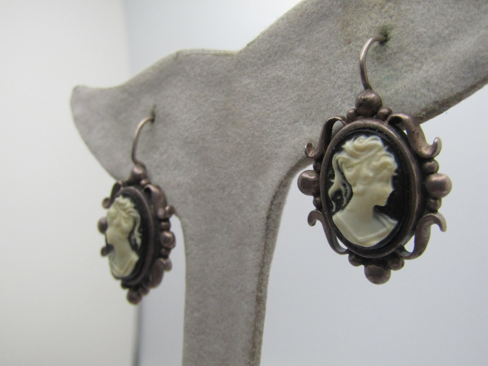 Vintage Sterling Cameo earrings, Hook Posts, 1970's-1980's, Signed - 2