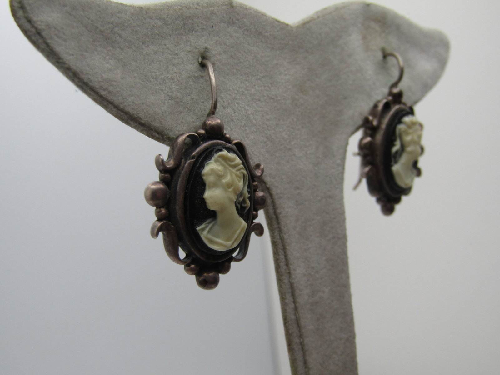 Vintage Sterling Cameo earrings, Hook Posts, 1970's-1980's, Signed - 3