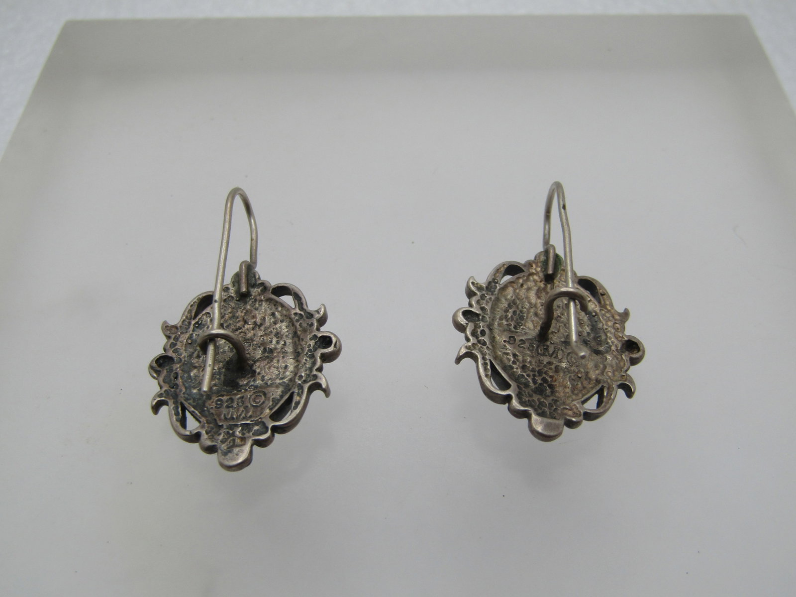 Vintage Sterling Cameo earrings, Hook Posts, 1970's-1980's, Signed - 4
