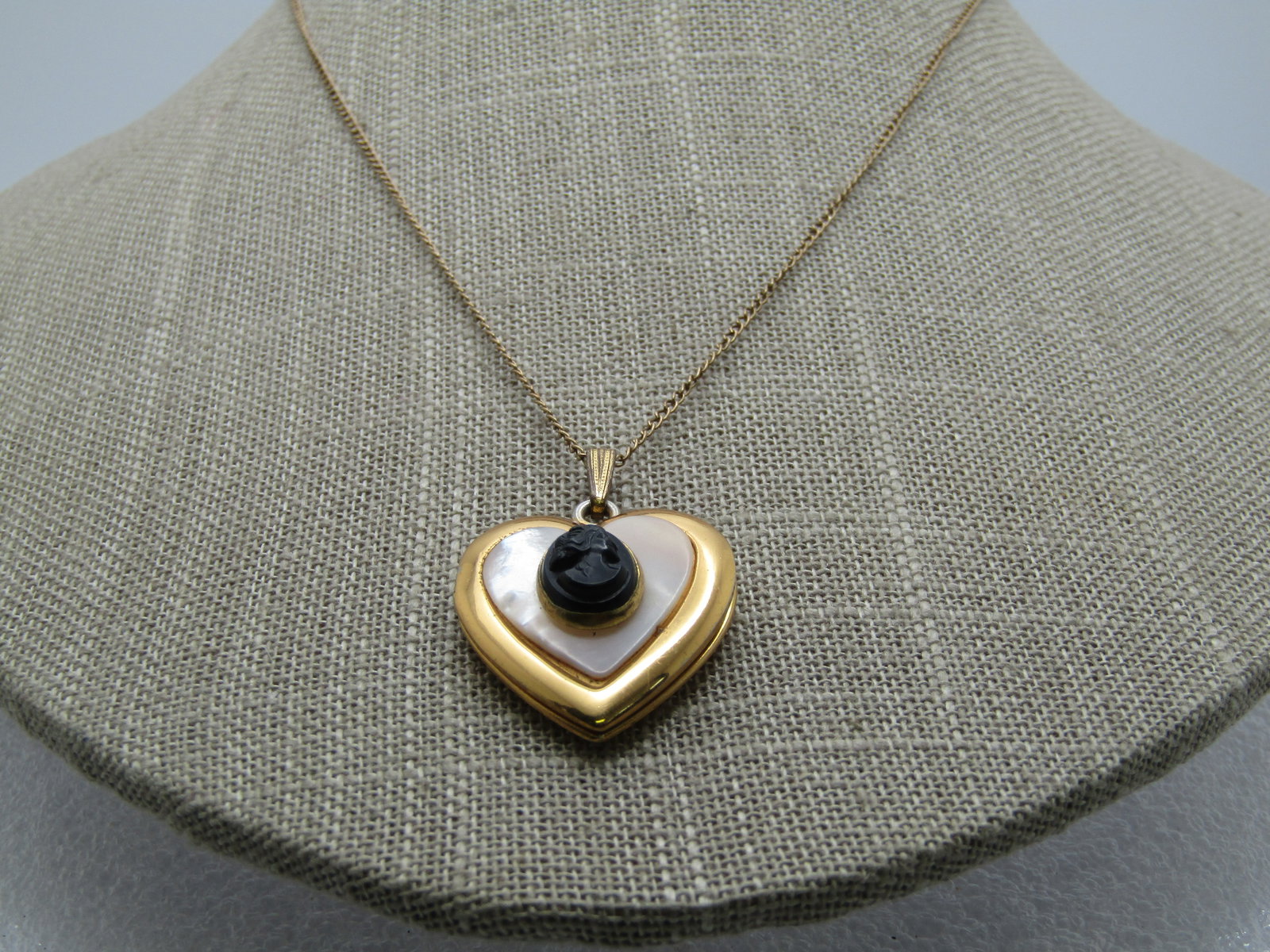 Vintage MOP Cameo Heart Locket Necklace, 16", 12kt. G.F., 1950's-1960's - 2