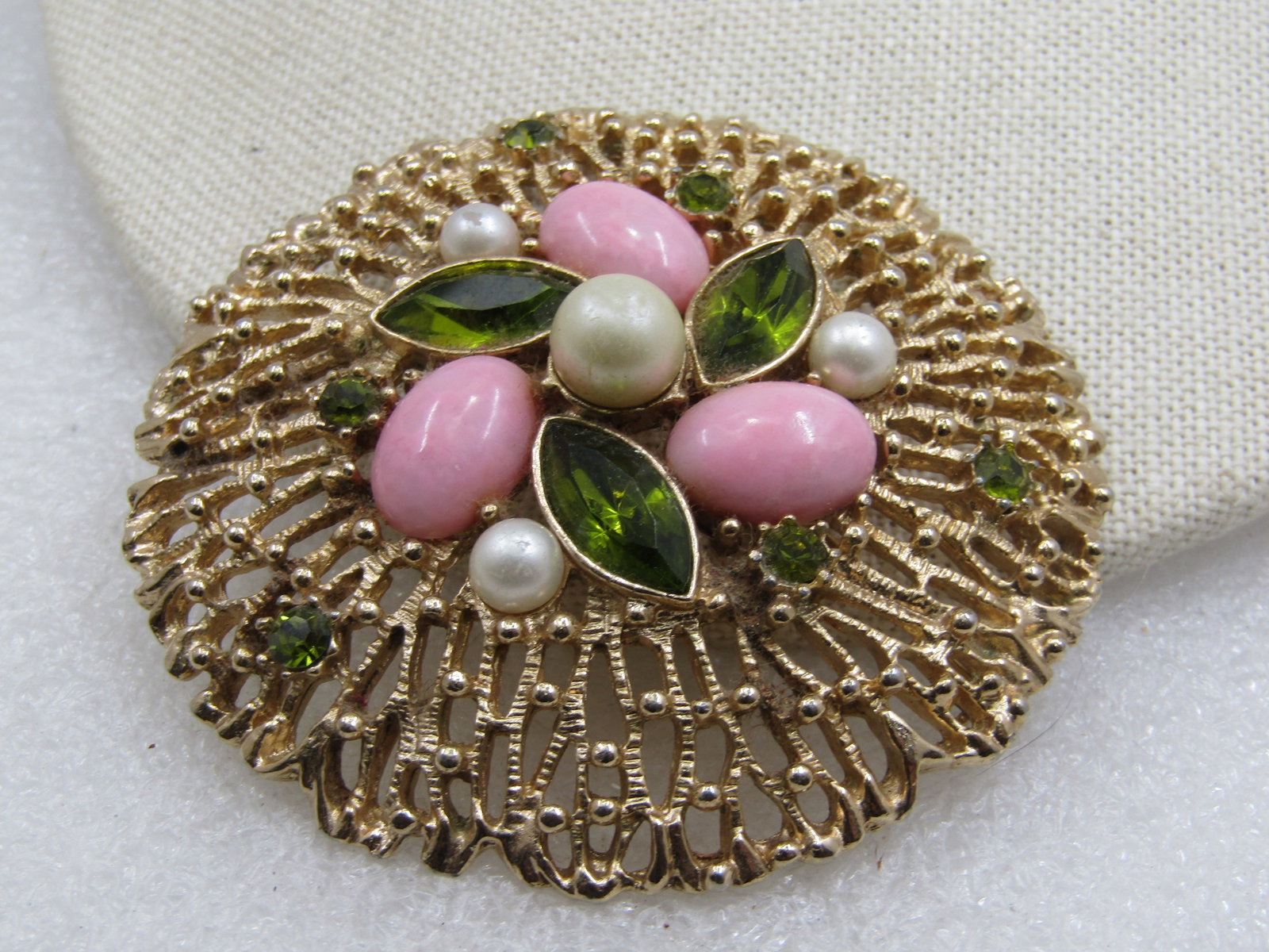Vintage Pink, Faux Pearl, & Green Rhinestone Brooch, 2.25", Sarah Coventry, 1970's - 3