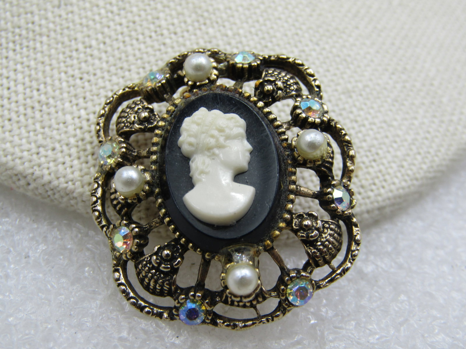 Vintage Faux Pearl & Rhinestone Cameo Brooch, Aurora Borealis - 2