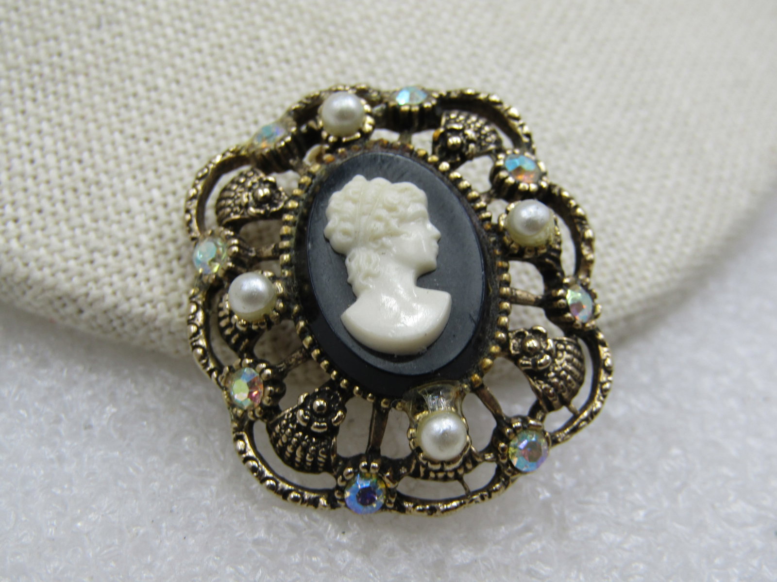 Vintage Faux Pearl & Rhinestone Cameo Brooch, Aurora Borealis - 3