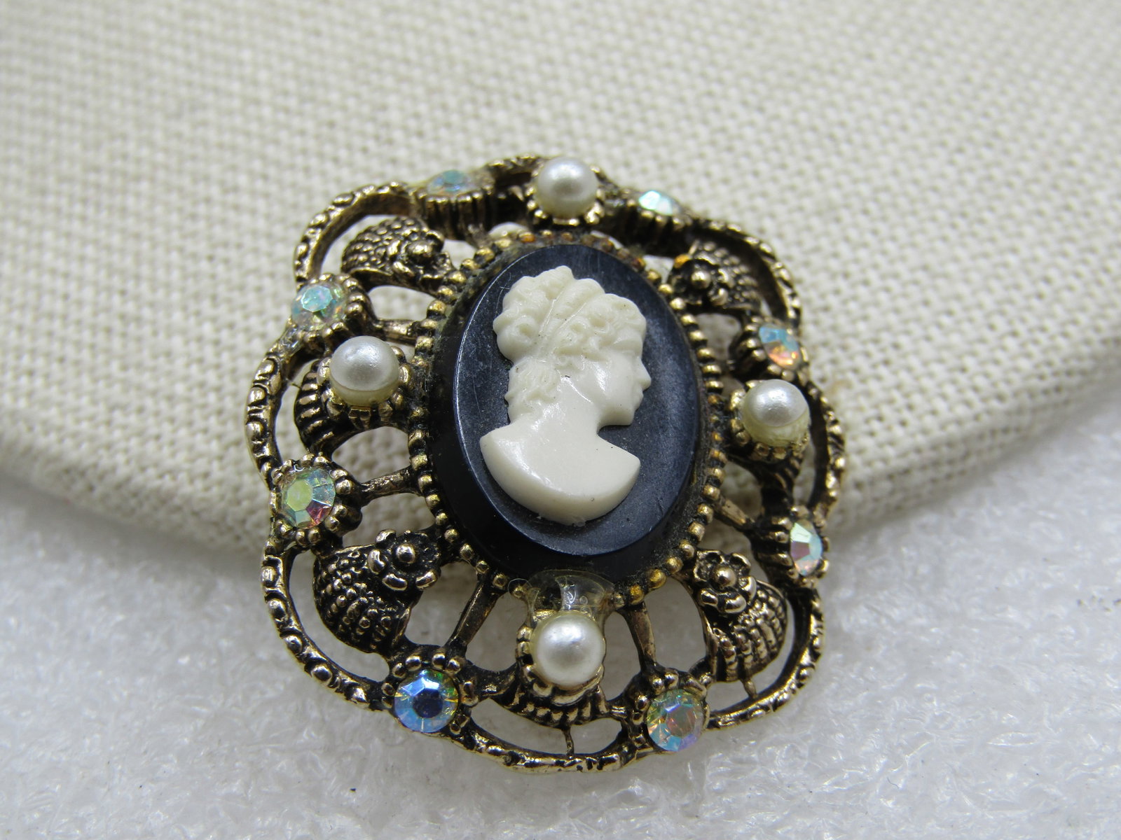 Vintage Faux Pearl & Rhinestone Cameo Brooch, Aurora Borealis - 4