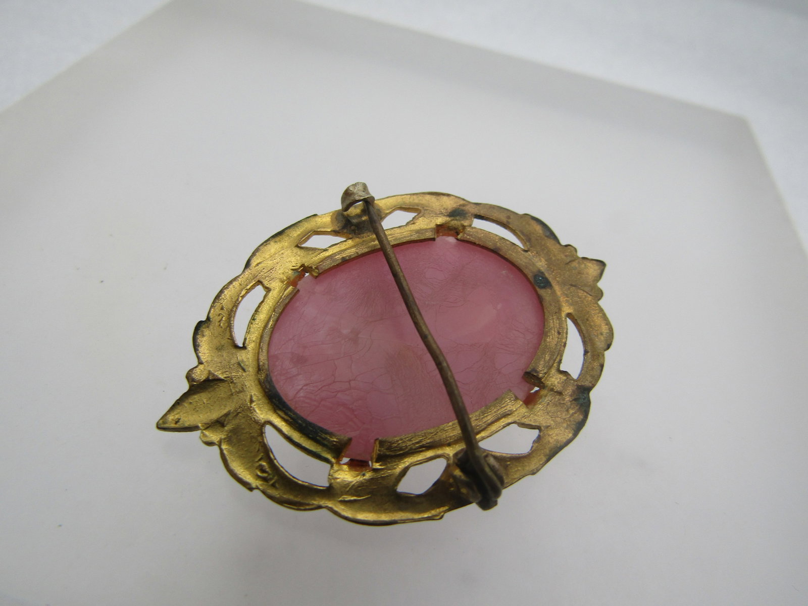 Vintage Pink Glass Cameo Brooch, C-Clasp, 1920's-1930's - 4