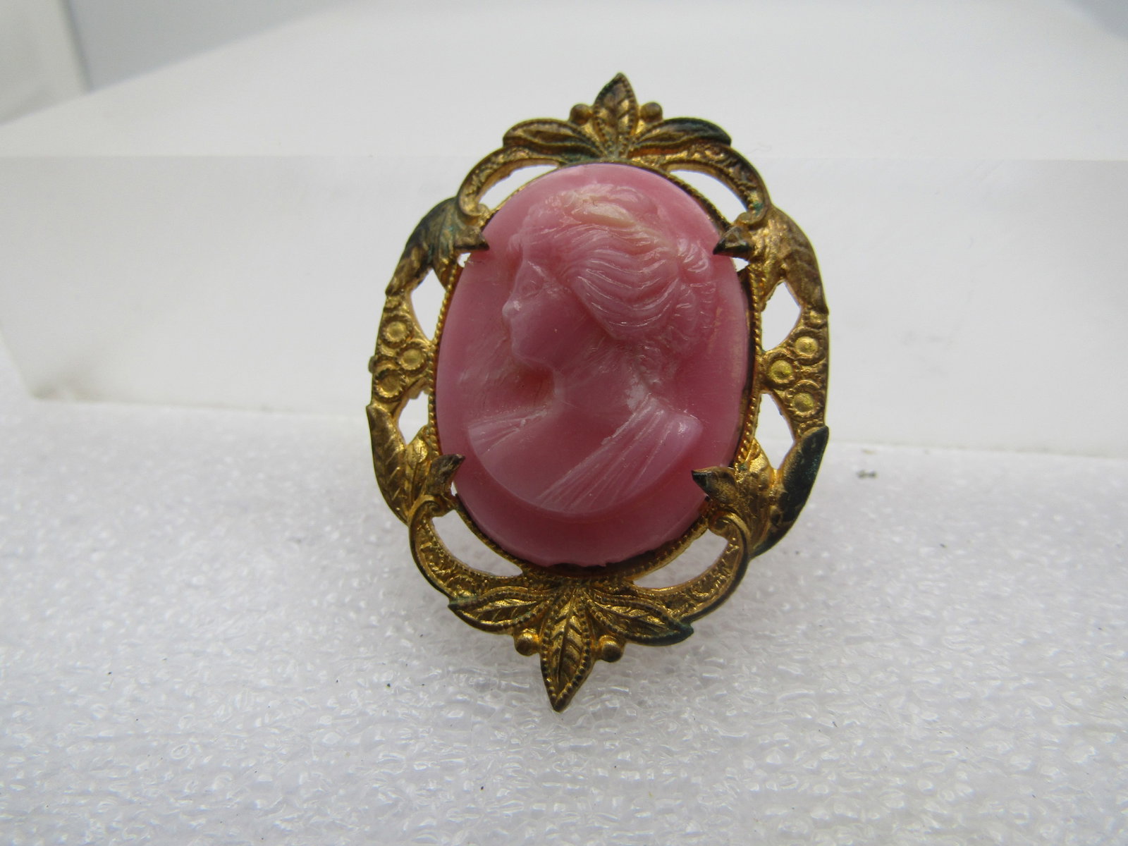 Vintage Pink Glass Cameo Brooch, C-Clasp, 1920's-1930's - 5