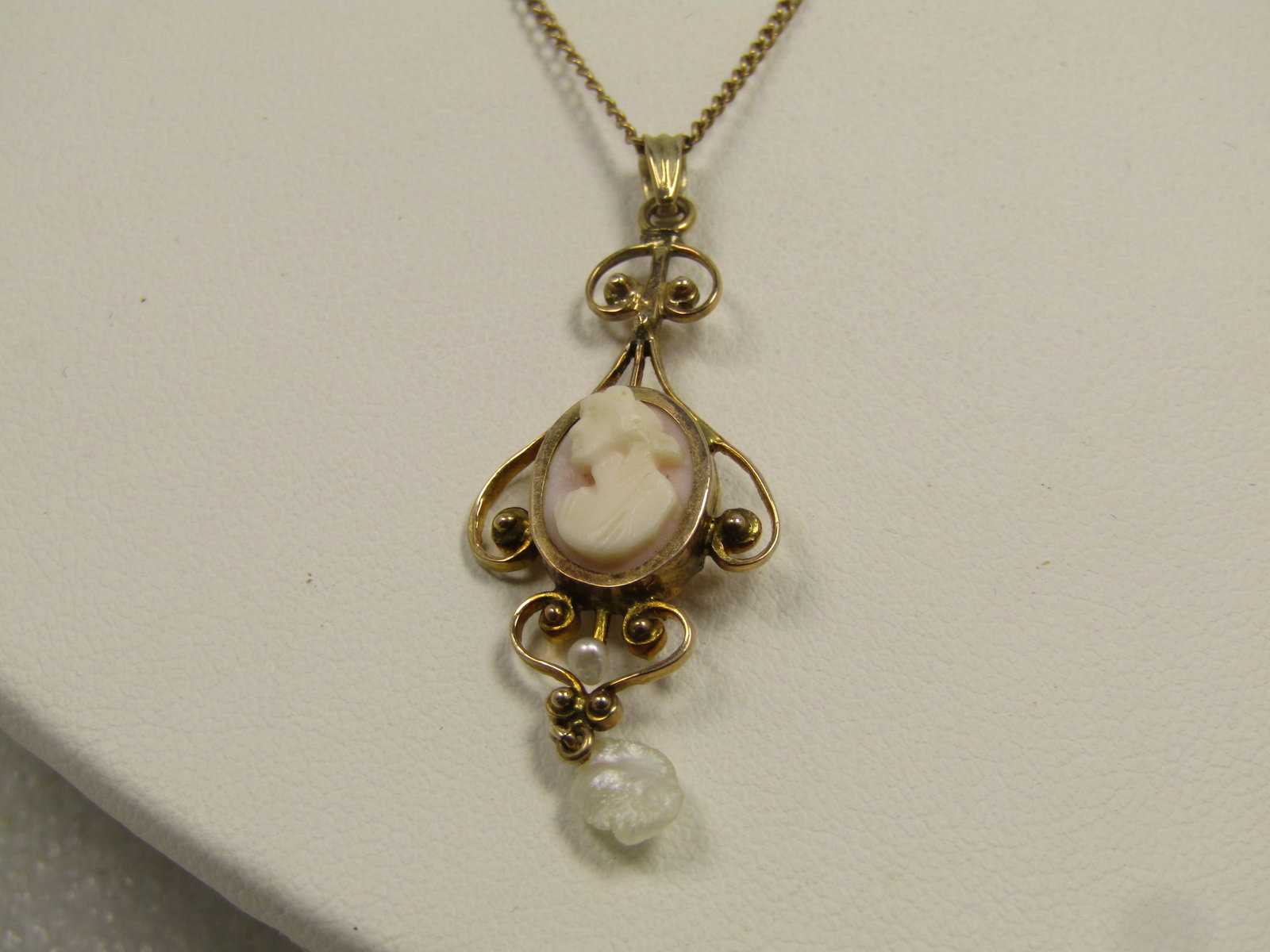 Vintage 10kt Cameo & Pearl Necklace, 18", 1940's-1950's - 7
