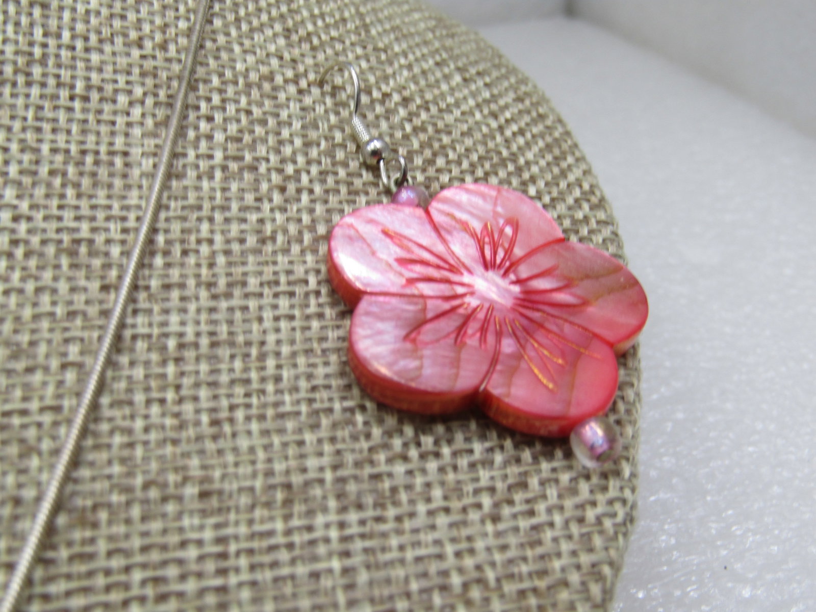 Vintage Pink Mother-of-Pearl Floral Necklace Earrings Set, 16" - 6
