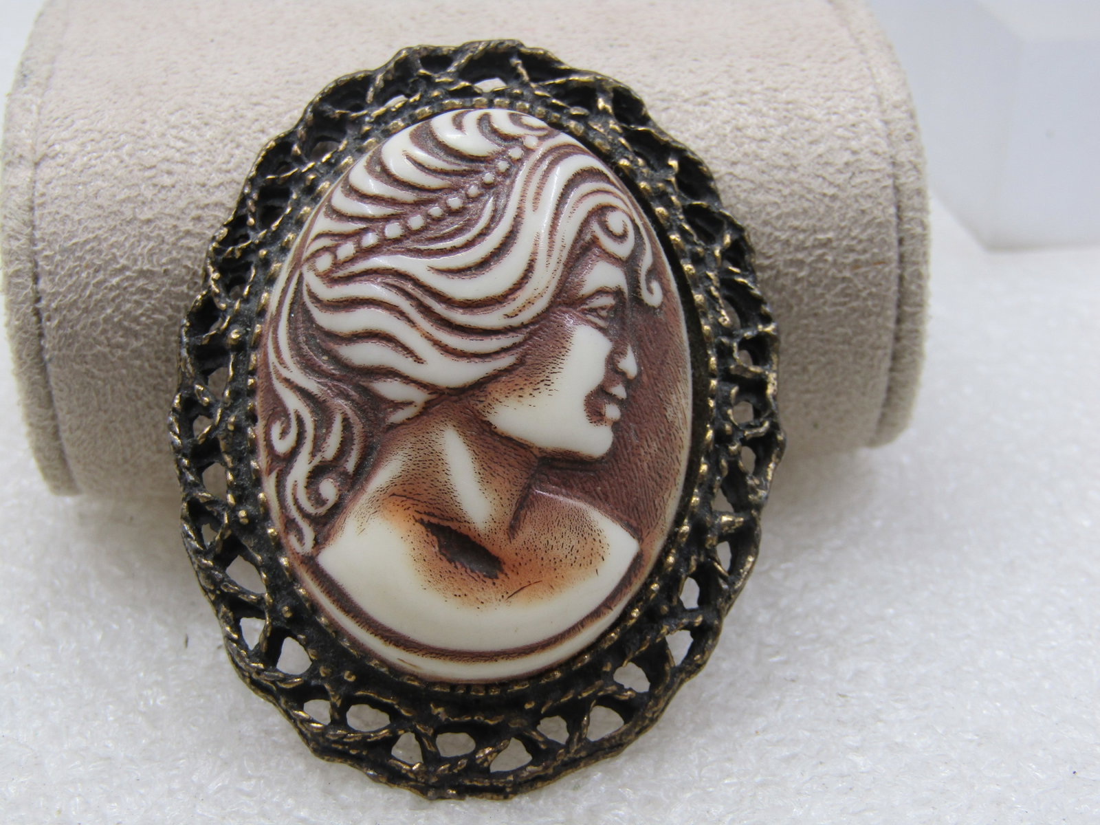 Vintage Cameo Brooch, Gold Tone, 1960's, 2" - 3