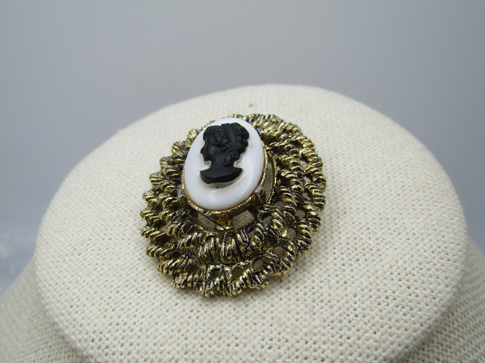 Vintage Tiered Black/White Cameo Brooch, 1960's - 2